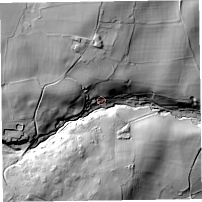 Shaded relief map of the ground around SY109AP, computed from Environment Agency LiDAR. The ground here sits at about 127 m above sea level and falls 46 m across the surrounding 800 m. Surface water reaching this point runs off ground lying to the north-north-west, 26.1 m higher.