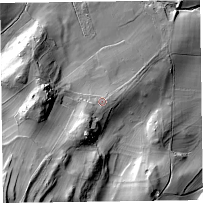 Shaded relief map of the ground around SY109AS, computed from Environment Agency LiDAR. The ground here sits at about 173 m above sea level and falls 55 m across the surrounding 800 m. Surface water reaching this point runs off ground lying to the south-west, 7.9 m higher.