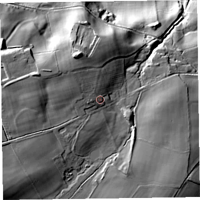 Shaded relief map of the ground around SY109AT, computed from Environment Agency LiDAR. The ground here sits at about 163 m above sea level and falls 43 m across the surrounding 800 m. Surface water reaching this point runs off ground lying to the north-west, 6.6 m higher.