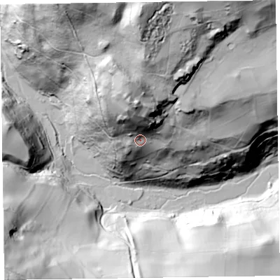 Shaded relief map of the ground around SY109AZ, computed from Environment Agency LiDAR. The ground here sits at about 193 m above sea level and falls 108 m across the surrounding 800 m. Surface water reaching this point runs off ground lying to the north, 43.4 m higher.
