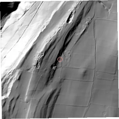 Shaded relief map of the ground around SY109BD, computed from Environment Agency LiDAR. The ground here sits at about 316 m above sea level and falls 131 m across the surrounding 800 m. Surface water reaching this point runs off ground lying to the west, 25.8 m higher.