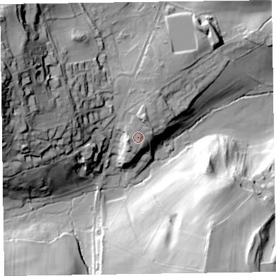 Shaded relief map of the ground around SY109EP, computed from Environment Agency LiDAR. The ground here sits at about 182 m above sea level and falls 54 m across the surrounding 800 m. Surface water reaching this point runs off ground lying to the north-north-east, 4.7 m higher.