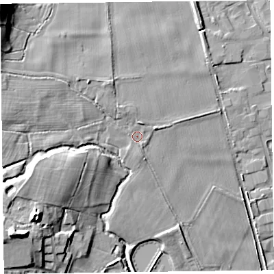 Shaded relief map of the ground around SY109ER, computed from Environment Agency LiDAR. The ground here sits at about 107 m above sea level and falls 19 m across the surrounding 800 m. Surface water reaching this point runs off ground lying to the west-north-west, 5.0 m higher.