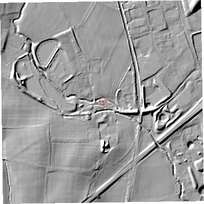 Shaded relief map of the ground around SY109ES, computed from Environment Agency LiDAR. The ground here sits at about 100 m above sea level and falls 16 m across the surrounding 800 m. Surface water reaching this point runs off ground lying to the north-west, 9.4 m higher.