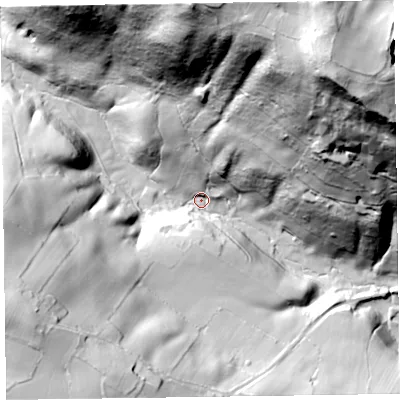 Shaded relief map of the ground around SY109HN, computed from Environment Agency LiDAR. The ground here sits at about 122 m above sea level and falls 148 m across the surrounding 800 m. Surface water reaching this point runs off ground lying to the north-north-east, 142.3 m higher.