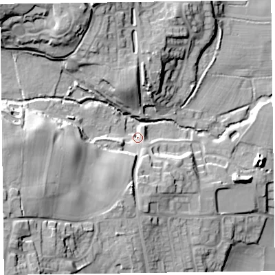 Shaded relief map of the ground around SY109PD, computed from Environment Agency LiDAR. The ground here sits at about 116 m above sea level and falls 35 m across the surrounding 800 m. Surface water reaching this point runs off ground lying to the west-south-west, 25.0 m higher.