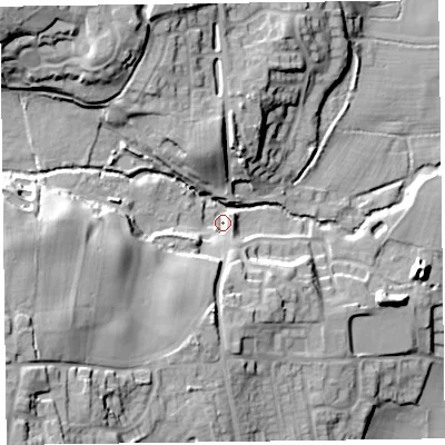 Shaded relief map of the ground around SY109PE, computed from Environment Agency LiDAR. The ground here sits at about 115 m above sea level and falls 34 m across the surrounding 800 m. Surface water reaching this point runs off ground lying to the west-south-west, 25.3 m higher.