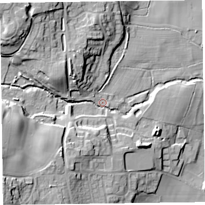 Shaded relief map of the ground around SY109PG, computed from Environment Agency LiDAR. The ground here sits at about 113 m above sea level and falls 31 m across the surrounding 800 m. Surface water reaching this point runs off ground lying to the west-south-west, 20.5 m higher.