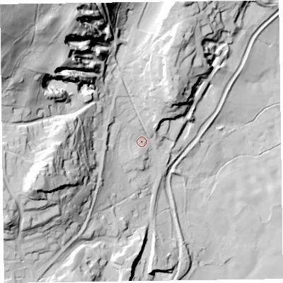 Shaded relief map of the ground around SY109QL, computed from Environment Agency LiDAR. The ground here sits at about 84 m above sea level and falls 103 m across the surrounding 800 m. Surface water reaching this point runs off ground lying to the north-west, 86.7 m higher.