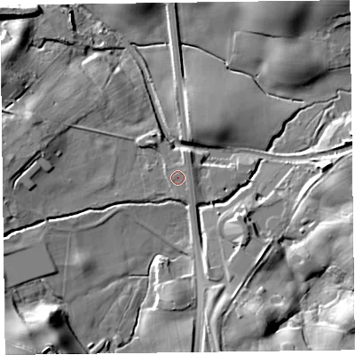 Shaded relief map of the ground around SY113EN, computed from Environment Agency LiDAR. The ground here sits at about 97 m above sea level and falls 26 m across the surrounding 800 m. Surface water reaching this point runs off ground lying to the west-south-west, 9.0 m higher.