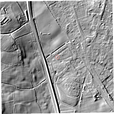 Shaded relief map of the ground around SY113GW, computed from Environment Agency LiDAR. The ground here sits at about 109 m above sea level and falls 22 m across the surrounding 800 m. Surface water reaching this point runs off ground lying to the south-south-west, 2.1 m higher.