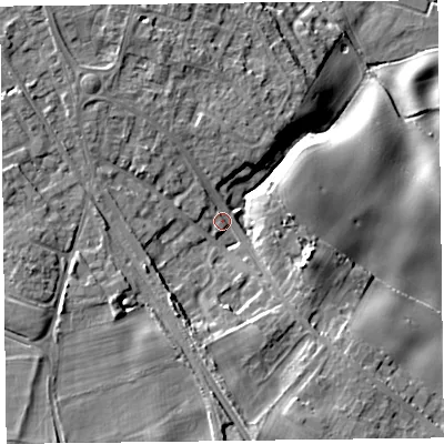 Shaded relief map of the ground around SY113GZ, computed from Environment Agency LiDAR. The ground here sits at about 104 m above sea level and falls 20 m across the surrounding 800 m. Surface water reaching this point runs off ground lying to the south-west, 9.7 m higher.