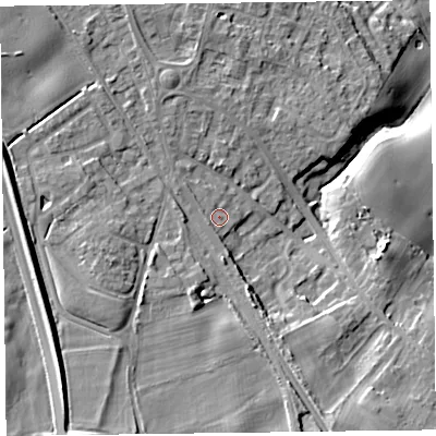 Shaded relief map of the ground around SY113JB, computed from Environment Agency LiDAR. The ground here sits at about 107 m above sea level and falls 20 m across the surrounding 800 m. Surface water reaching this point runs off ground lying to the south-south-west, 6.2 m higher.