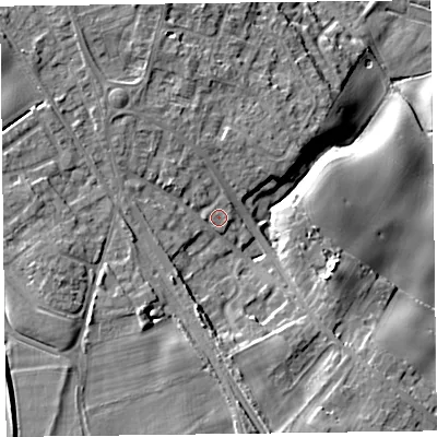 Shaded relief map of the ground around SY113JE, computed from Environment Agency LiDAR. The ground here sits at about 105 m above sea level and falls 21 m across the surrounding 800 m. Surface water reaching this point runs off ground lying to the south-west, 6.6 m higher.