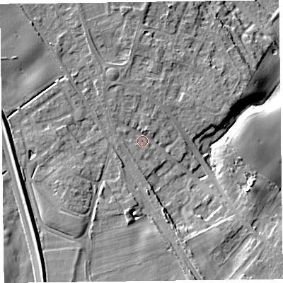 Shaded relief map of the ground around SY113JL, computed from Environment Agency LiDAR. The ground here sits at about 106 m above sea level and falls 20 m across the surrounding 800 m. Surface water reaching this point runs off ground lying to the south-west, 8.7 m higher.