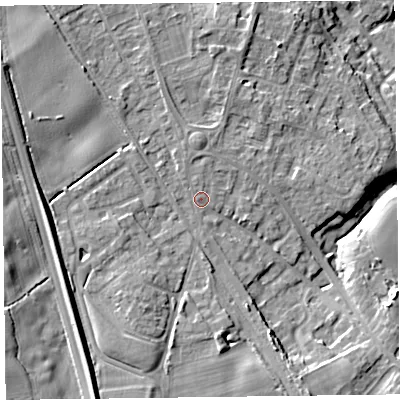 Shaded relief map of the ground around SY113JP, computed from Environment Agency LiDAR. The ground here sits at about 107 m above sea level and falls 21 m across the surrounding 800 m. Surface water reaching this point runs off ground lying to the south-south-west, 6.7 m higher.