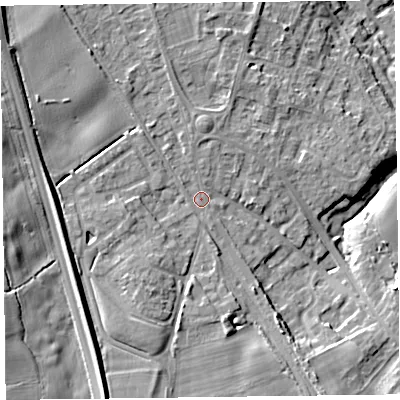Shaded relief map of the ground around SY113JR, computed from Environment Agency LiDAR. The ground here sits at about 107 m above sea level and falls 21 m across the surrounding 800 m. Surface water reaching this point runs off ground lying to the south-south-west, 6.9 m higher.