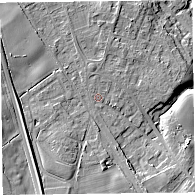 Shaded relief map of the ground around SY113JW, computed from Environment Agency LiDAR. The ground here sits at about 107 m above sea level and falls 21 m across the surrounding 800 m. Surface water reaching this point runs off ground lying to the south-south-west, 7.3 m higher.
