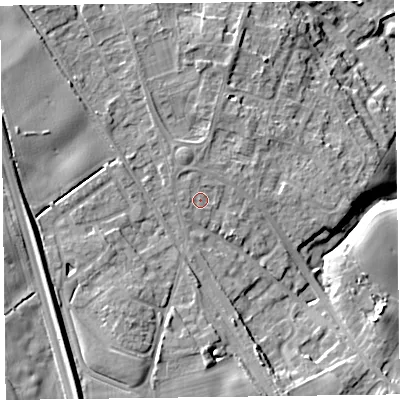 Shaded relief map of the ground around SY113JY, computed from Environment Agency LiDAR. The ground here sits at about 107 m above sea level and falls 20 m across the surrounding 800 m. Surface water reaching this point runs off ground lying to the north, 1.1 m higher.