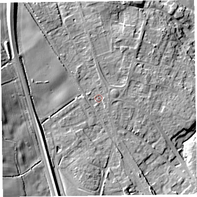 Shaded relief map of the ground around SY113LR, computed from Environment Agency LiDAR. The ground here sits at about 107 m above sea level and falls 23 m across the surrounding 800 m. Surface water reaching this point runs off ground lying to the north-west, 9.4 m higher.