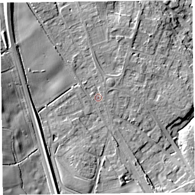 Shaded relief map of the ground around SY113LS, computed from Environment Agency LiDAR. The ground here sits at about 107 m above sea level and falls 22 m across the surrounding 800 m. Surface water reaching this point runs off ground lying to the west-north-west, 5.8 m higher.