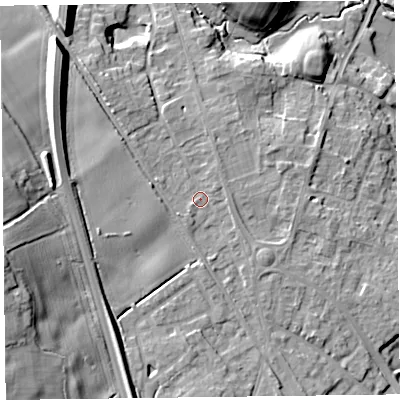 Shaded relief map of the ground around SY113LW, computed from Environment Agency LiDAR. The ground here sits at about 108 m above sea level and falls 27 m across the surrounding 800 m. Surface water reaching this point runs off ground lying to the north-west, 9.0 m higher.