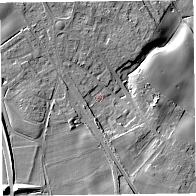 Shaded relief map of the ground around SY113PU, computed from Environment Agency LiDAR. The ground here sits at about 105 m above sea level and falls 25 m across the surrounding 800 m. Surface water reaching this point runs off ground lying to the south, 5.3 m higher.
