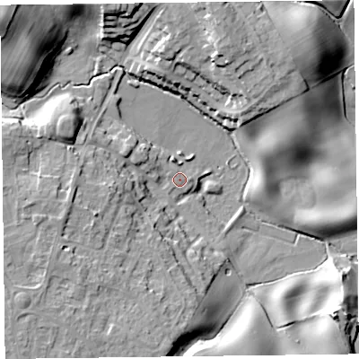 Shaded relief map of the ground around SY113PW, computed from Environment Agency LiDAR. The ground here sits at about 97 m above sea level and falls 26 m across the surrounding 800 m. Surface water reaching this point runs off ground lying to the north, 0.6 m higher.