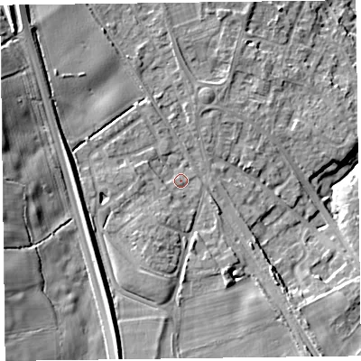 Shaded relief map of the ground around SY113QP, computed from Environment Agency LiDAR. The ground here sits at about 108 m above sea level and falls 21 m across the surrounding 800 m. Surface water reaching this point runs off ground lying to the south-south-west, 6.8 m higher.