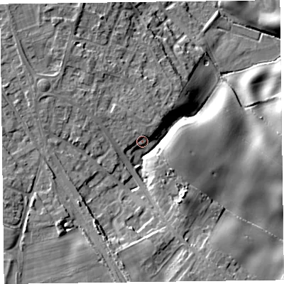 Shaded relief map of the ground around SY113QR, computed from Environment Agency LiDAR. The ground here sits at about 104 m above sea level and falls 19 m across the surrounding 800 m. Surface water reaching this point runs off ground lying to the north-north-west, 4.8 m higher.