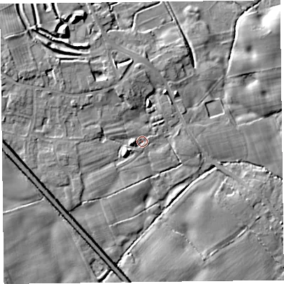 Shaded relief map of the ground around SY114FP, computed from Environment Agency LiDAR. The ground here sits at about 88 m above sea level and falls 11 m across the surrounding 800 m. Surface water reaching this point runs off ground lying to the west, 7.0 m higher.