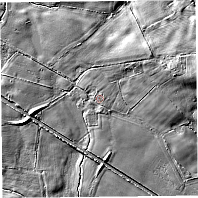 Shaded relief map of the ground around SY114HE, computed from Environment Agency LiDAR. The ground here sits at about 86 m above sea level and falls 14 m across the surrounding 800 m. Surface water reaching this point runs off ground lying to the south-south-east, 1.0 m higher.