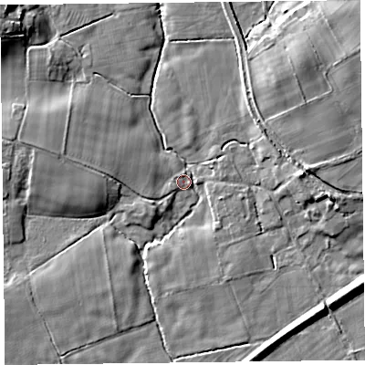 Shaded relief map of the ground around SY114NW, computed from Environment Agency LiDAR. The ground here sits at about 88 m above sea level and falls 11 m across the surrounding 800 m. Surface water reaching this point runs off ground lying to the north-west, 10.2 m higher.