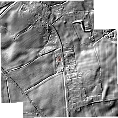 Shaded relief map of the ground around SY114PQ, computed from Environment Agency LiDAR. The ground here sits at about 89 m above sea level and falls 13 m across the surrounding 800 m. Surface water reaching this point runs off ground lying to the south, 6.5 m higher.