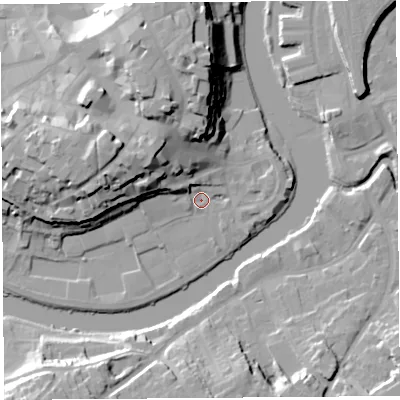 Shaded relief map of the ground around SY11AD, computed from Environment Agency LiDAR. The ground here sits at about 51 m above sea level and falls 25 m across the surrounding 800 m. Surface water reaching this point runs off ground lying to the west-north-west, 5.8 m higher.