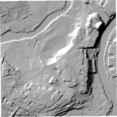 Shaded relief map of the ground around SY11DQ, computed from Environment Agency LiDAR. The ground here sits at about 65 m above sea level and falls 33 m across the surrounding 800 m. Surface water reaching this point runs off ground lying to the south-east, 4.4 m higher.
