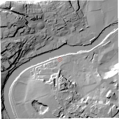 Shaded relief map of the ground around SY11HH, computed from Environment Agency LiDAR. The ground here sits at about 52 m above sea level and falls 26 m across the surrounding 800 m. Surface water reaching this point runs off ground lying to the south, 13.2 m higher.