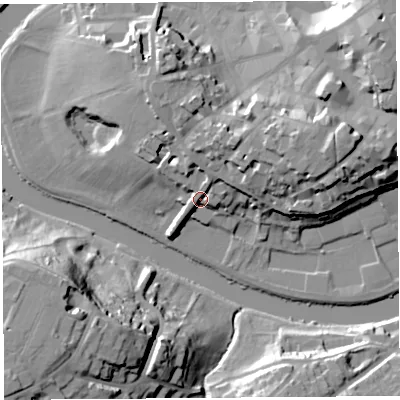 Shaded relief map of the ground around SY11JR, computed from Environment Agency LiDAR. The ground here sits at about 56 m above sea level and falls 34 m across the surrounding 800 m. Surface water reaching this point runs off ground lying to the north-north-east, 14.3 m higher.