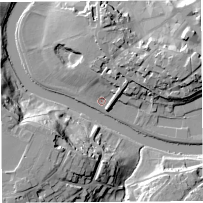 Shaded relief map of the ground around SY11JT, computed from Environment Agency LiDAR. The ground here sits at about 50 m above sea level and falls 34 m across the surrounding 800 m. Surface water reaching this point runs off ground lying to the north-north-east, 13.9 m higher.