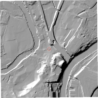 Shaded relief map of the ground around SY11NA, computed from Environment Agency LiDAR. The ground here sits at about 53 m above sea level and falls 33 m across the surrounding 800 m. Surface water reaching this point runs off ground lying to the south-south-west, 19.2 m higher.