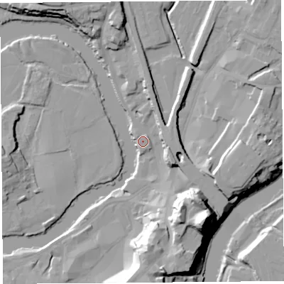 Shaded relief map of the ground around SY11NB, computed from Environment Agency LiDAR. The ground here sits at about 53 m above sea level and falls 33 m across the surrounding 800 m. Surface water reaching this point runs off ground lying to the south-east, 32.5 m higher.
