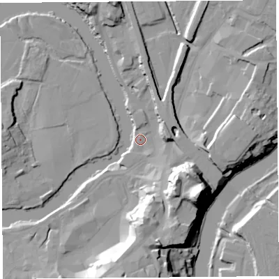 Shaded relief map of the ground around SY11NX, computed from Environment Agency LiDAR. The ground here sits at about 52 m above sea level and falls 33 m across the surrounding 800 m. Surface water reaching this point runs off ground lying to the south-east, 29.5 m higher.