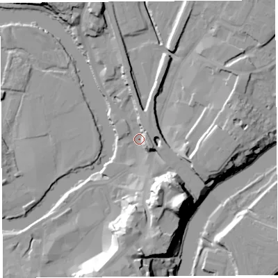 Shaded relief map of the ground around SY11PA, computed from Environment Agency LiDAR. The ground here sits at about 52 m above sea level and falls 33 m across the surrounding 800 m. Surface water reaching this point runs off ground lying to the south-south-east, 29.5 m higher.