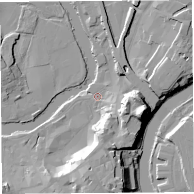 Shaded relief map of the ground around SY11PB, computed from Environment Agency LiDAR. The ground here sits at about 52 m above sea level and falls 33 m across the surrounding 800 m. Surface water reaching this point runs off ground lying to the east-south-east, 7.6 m higher.