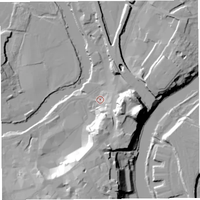 Shaded relief map of the ground around SY11PD, computed from Environment Agency LiDAR. The ground here sits at about 53 m above sea level and falls 33 m across the surrounding 800 m. Surface water reaching this point runs off ground lying to the south-east, 7.2 m higher.
