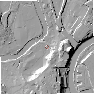 Shaded relief map of the ground around SY11PE, computed from Environment Agency LiDAR. The ground here sits at about 52 m above sea level and falls 33 m across the surrounding 800 m. Surface water reaching this point runs off ground lying to the south, 20.6 m higher.