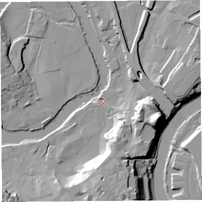 Shaded relief map of the ground around SY11PF, computed from Environment Agency LiDAR. The ground here sits at about 51 m above sea level and falls 33 m across the surrounding 800 m. Surface water reaching this point runs off ground lying to the east-south-east, 11.2 m higher.