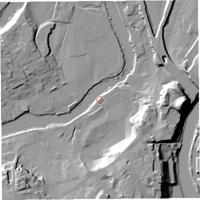 Shaded relief map of the ground around SY11PG, computed from Environment Agency LiDAR. The ground here sits at about 52 m above sea level and falls 33 m across the surrounding 800 m. Surface water reaching this point runs off ground lying to the east, 32.5 m higher.