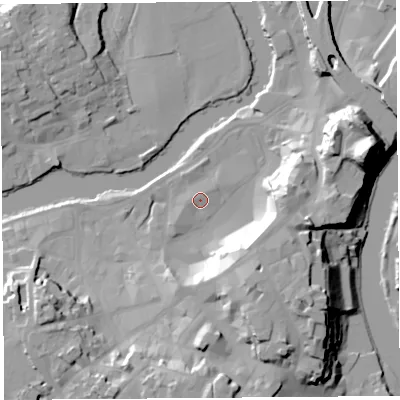 Shaded relief map of the ground around SY11PH, computed from Environment Agency LiDAR. The ground here sits at about 53 m above sea level and falls 33 m across the surrounding 800 m. Surface water reaching this point runs off ground lying to the north-north-east, 1.7 m higher.