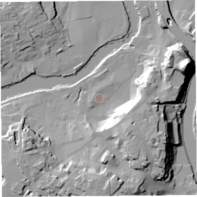 Shaded relief map of the ground around SY11PJ, computed from Environment Agency LiDAR. The ground here sits at about 52 m above sea level and falls 33 m across the surrounding 800 m. Surface water reaching this point runs off ground lying to the south-east, 20.6 m higher.